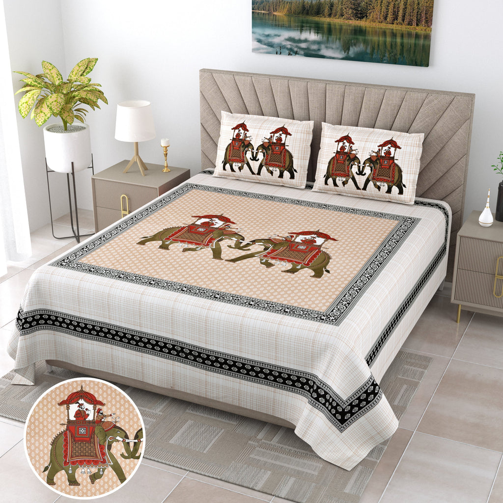 Royal Elephant Parade Cotton Bedsheet - 120x120 Inches
