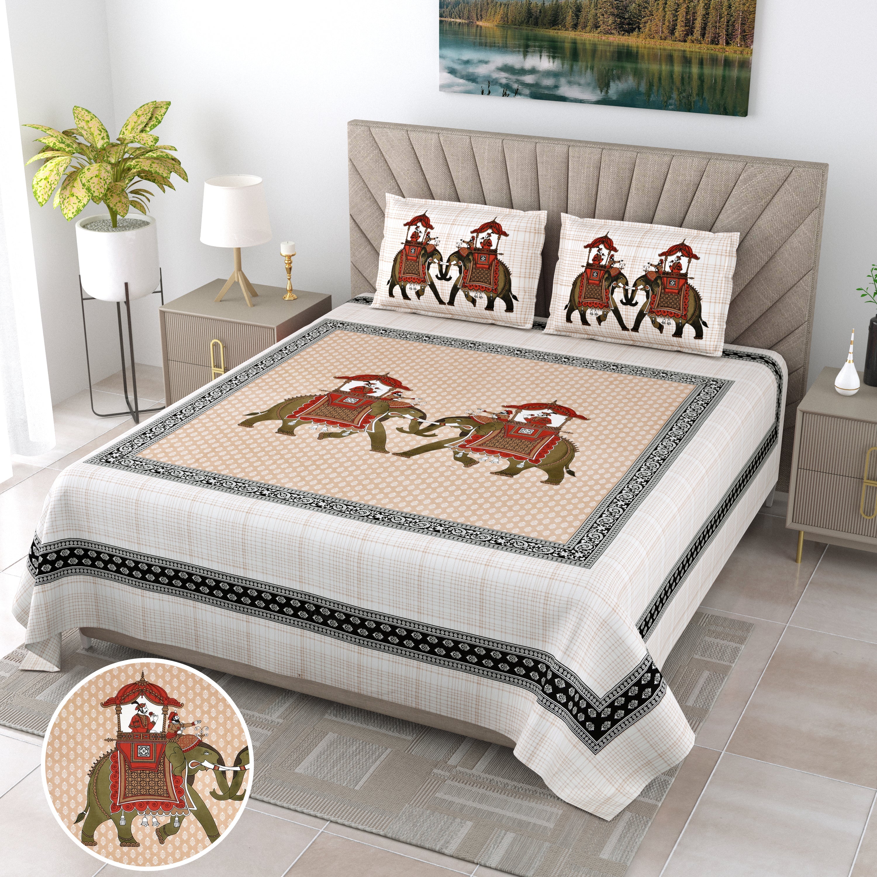 Royal Elephant Parade Cotton Bedsheet - 120x120 Inches
