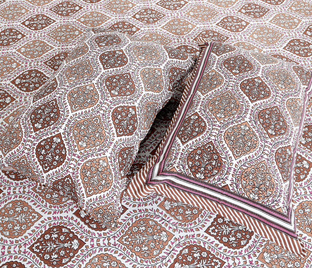 The Jaipuri Lattice Brown Cotton Bedsheet Set