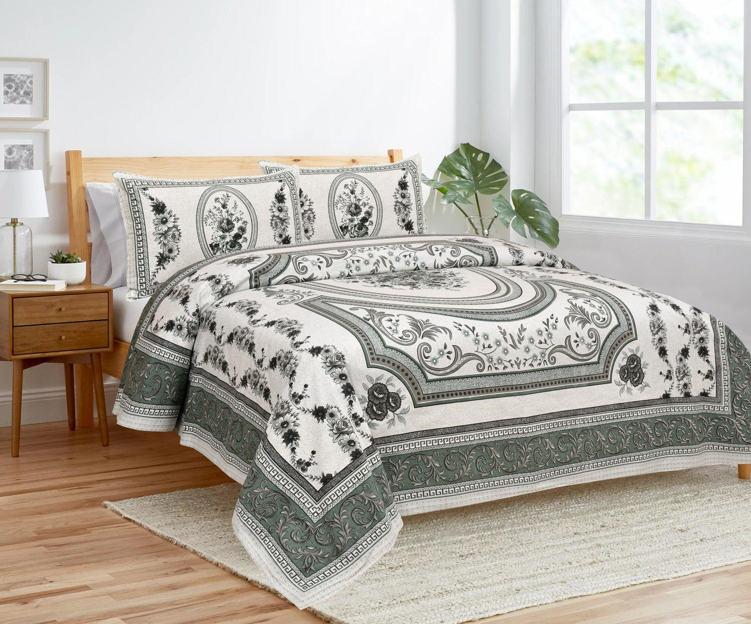 Rajvastra Kaleen Floral Grey Bedsheet Set 100 x 108